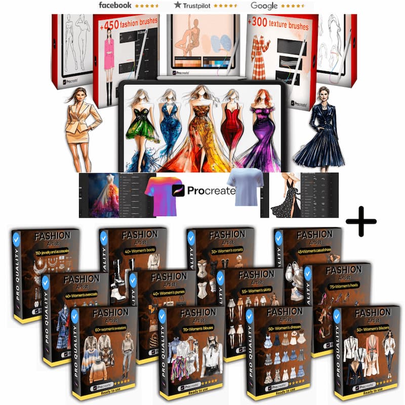 Premium Procreate fashion brushes bundle with extra brushes, stamps, textures and fashion templates